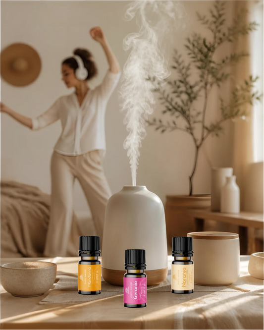 Kit de aceites esenciales naranja mandarina y geranio para el ánimo y el bienestar emocional Izana Naturals