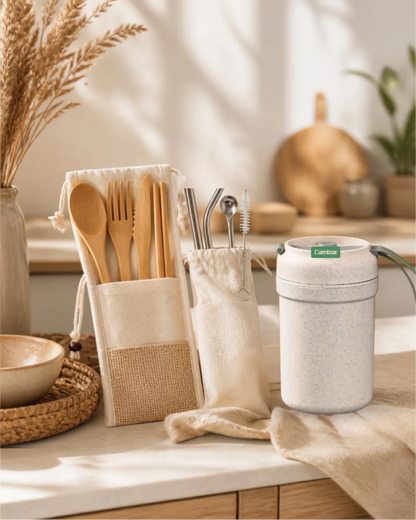 Set de cubiertos de bambú reutilizables, kit oficina cero residuo Izana Naturals
